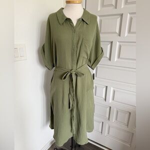 NWT Falls Creek Sage Green Shirt Dress Textured Cotton Belted Short Sleeve Sz 3X